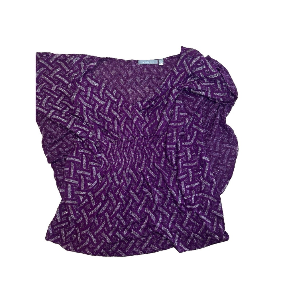 NY Collection Purple Silver Metallic Top S Ruched Sparkle Blouse